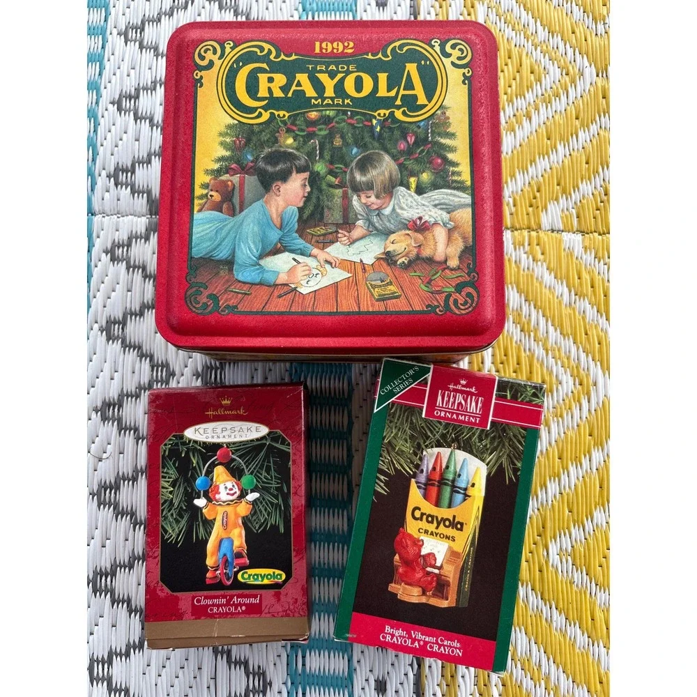 Vintage Crayola 1992 Holiday Tin & Hallmark Keepsake Ornaments 1989 1991 Clown